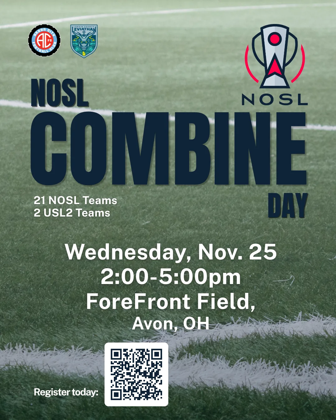 Turf version of the NOSL Combine Day flyer, with a QR code to this page.
